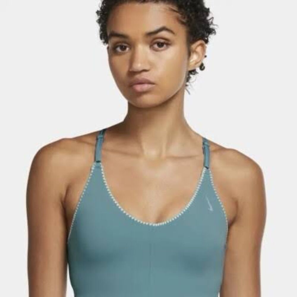 Women's Nike Yoga Dri-FIT Indy Crochet Sports Bra in a cerulean blue size large
